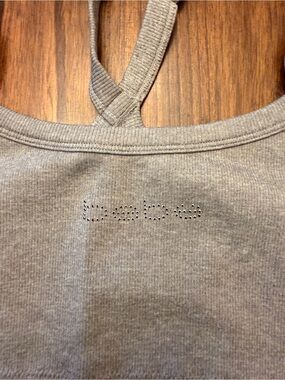 Bebe Large Grey Racerback Strappy Bra Rhinestone Logo Lounge Athleisure
